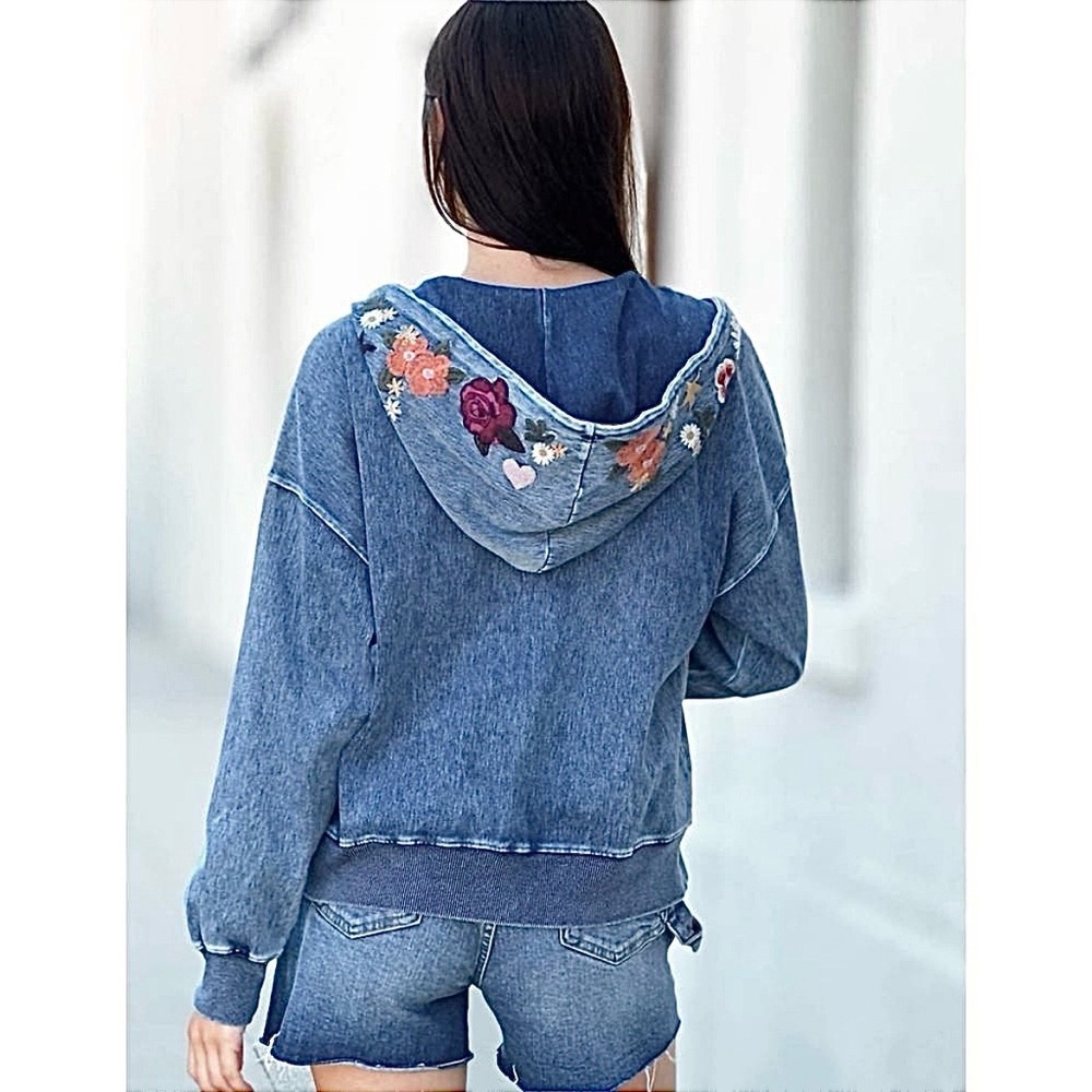 Billy T Camp Happy Hoodie Embroidered Peace Sign Floral Flowers Denim XL - Picture 13 of 13